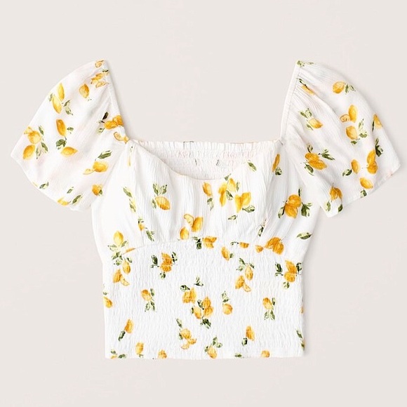 NWOT Abercrombie Ruched Smocked Waist Top LEMON print - SIZE M - Picture 3 of 11